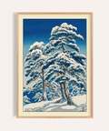Snow-covered pine trees poster with layered branches on a winter hillside