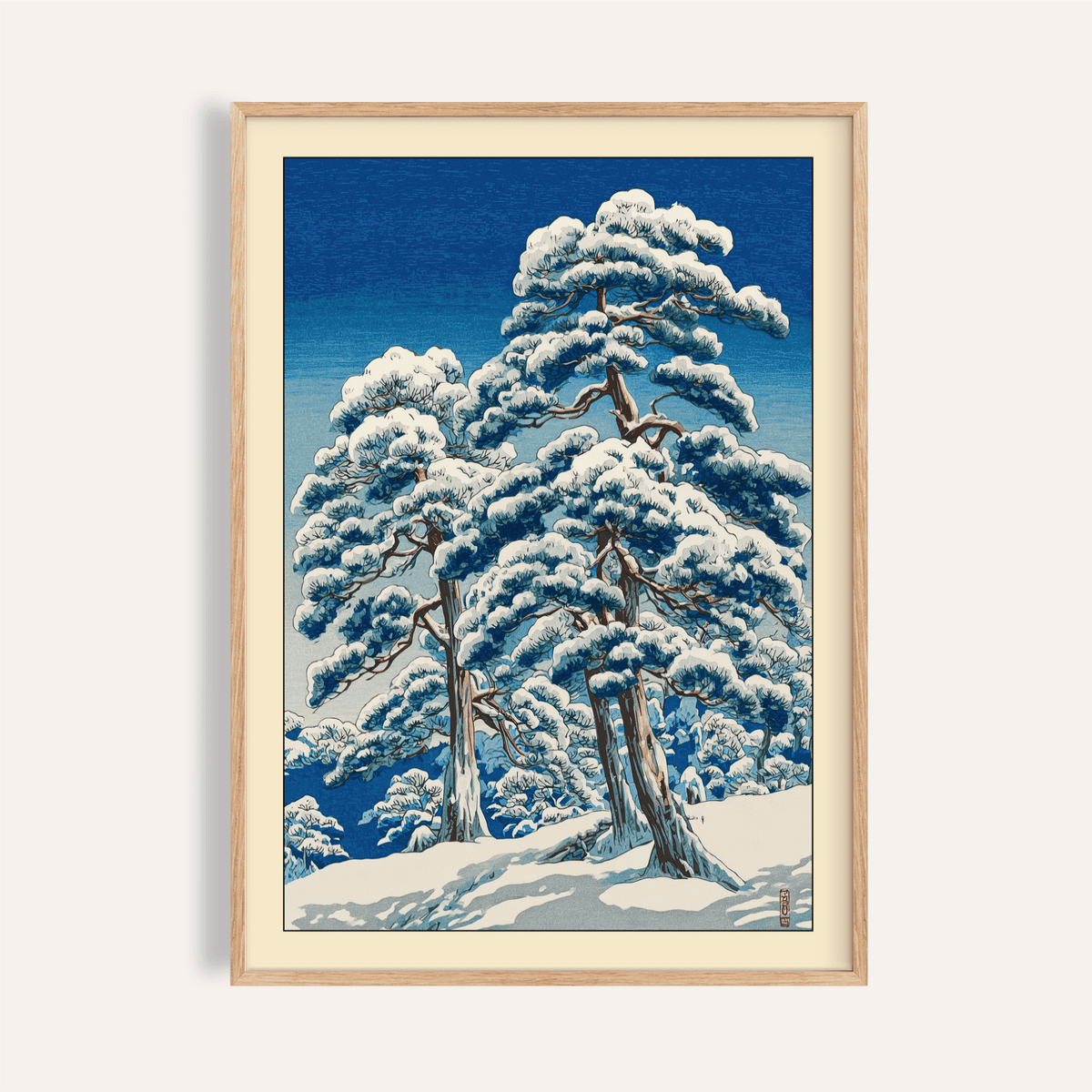 Snow-covered pine trees poster with layered branches on a winter hillside