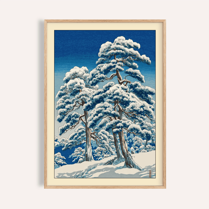 Snow-covered pine trees poster with layered branches on a winter hillside