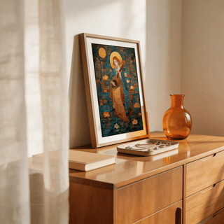 Side view of framed Saraswati Veena Print on neutral wall