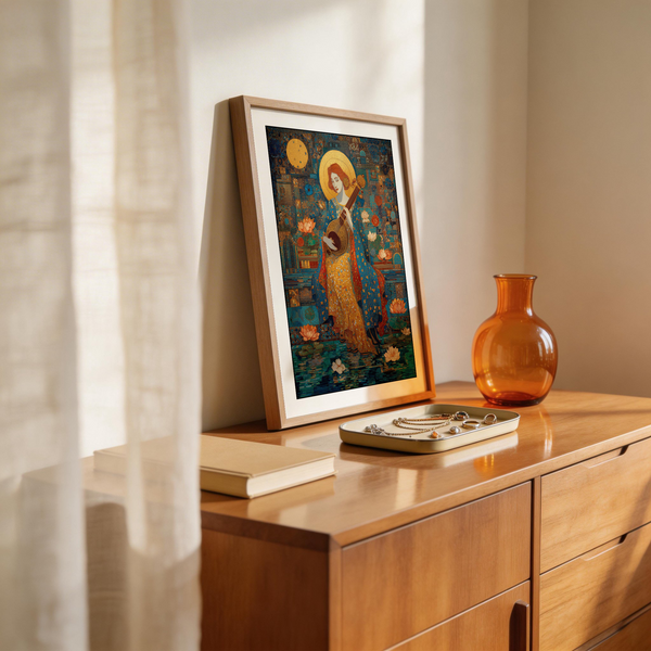 Side view of framed Saraswati Veena Print on neutral wall