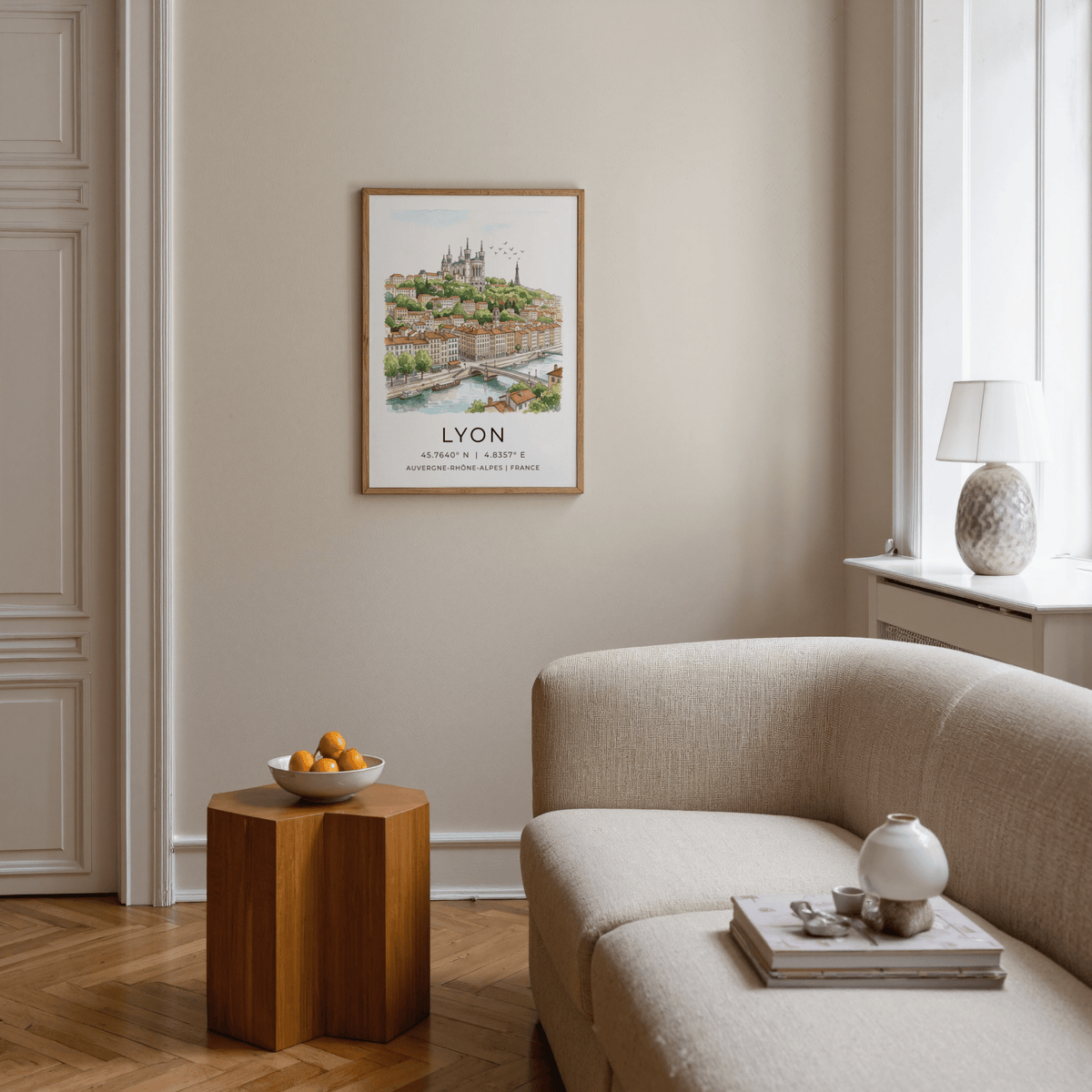 Watercolor view of Lyon riverfront with stone bridge and hillside basilica