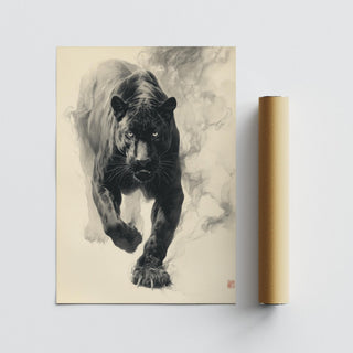 Detailed traditional Japanese ink art black panther with intense eyes.