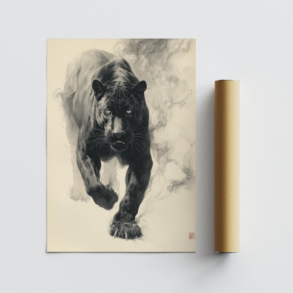 Detailed traditional Japanese ink art black panther with intense eyes.