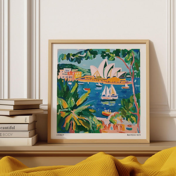 Matisse Art for Sale showing Sydney Opera House with sailboats on a bright blue harbor.