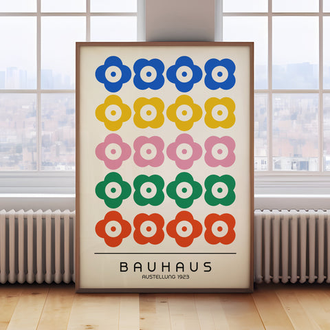 Vibrant Bauhaus-inspired poster with bold geometric shapes for living room decor.