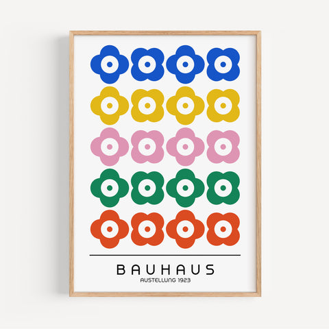 Vibrant Bauhaus-inspired poster with bold geometric shapes for living room decor.