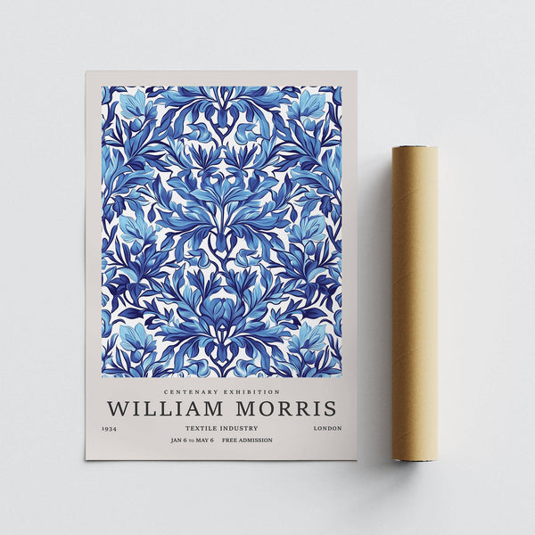 Clean white background with vintage wall art decor in blue tones