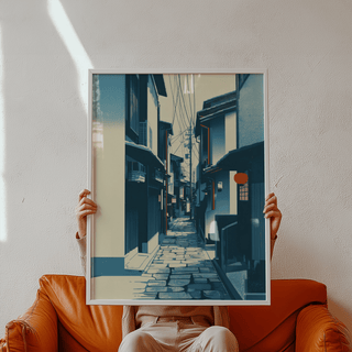 Angle view of Japanese Street Wall Art wall art featuring overhead power lines in an alley