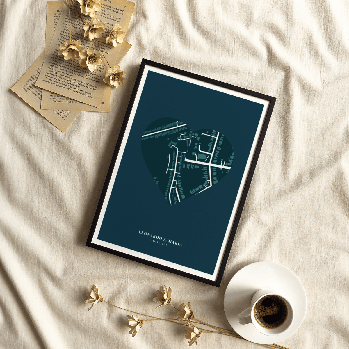 Love Map Poster, Green and White tones, modern office wall art