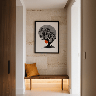 Indian Tree Art Print wall art with branching canopy and circular backdrop
