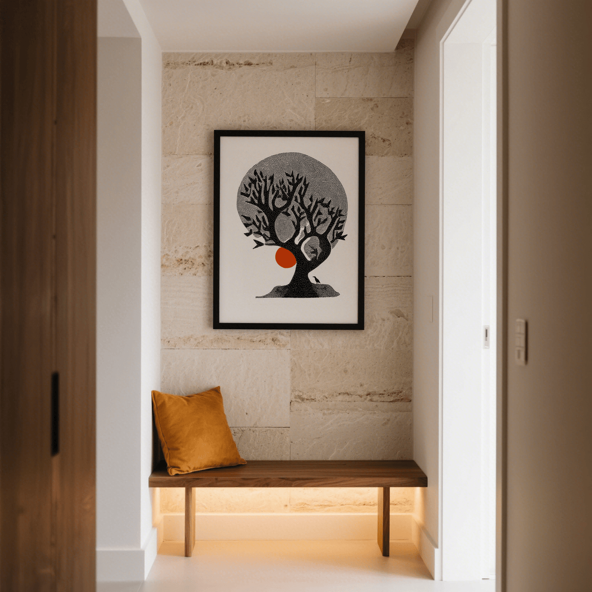 Indian Tree Art Print wall art with branching canopy and circular backdrop