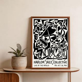 Vintage gig-style Harlem Jazz Print with Apollo venue text and bold instrument shapes