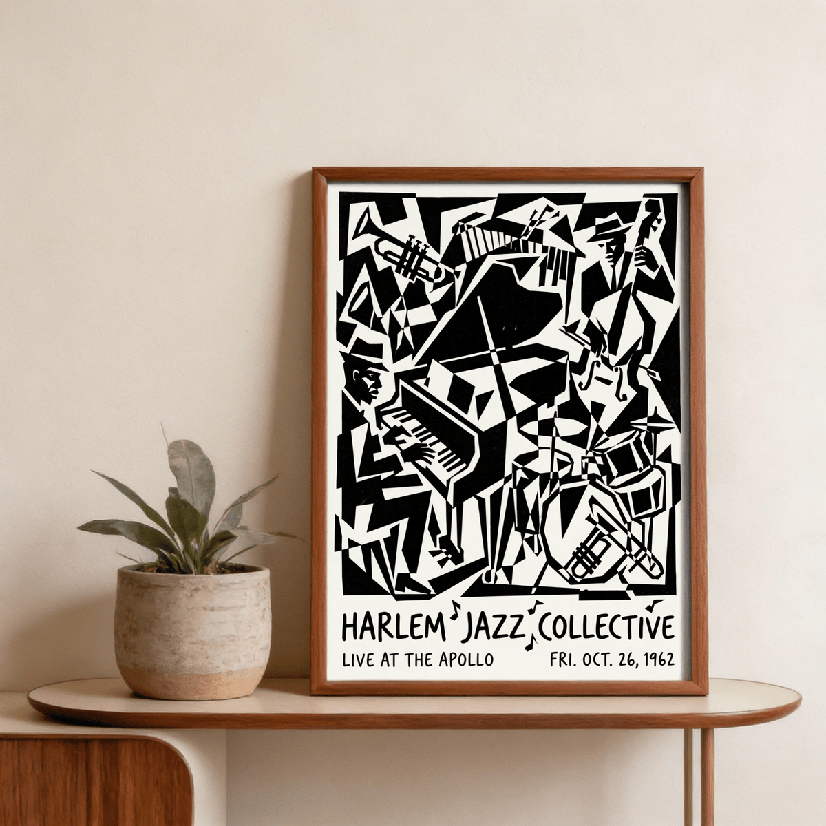 Vintage gig-style Harlem Jazz Print with Apollo venue text and bold instrument shapes