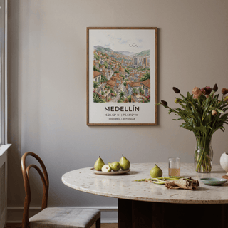 Illustrated hillside neighborhoods leading to modern towers in Colombian valley