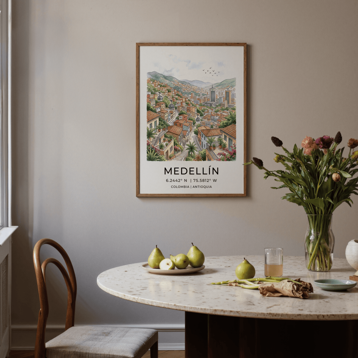 Illustrated hillside neighborhoods leading to modern towers in Colombian valley