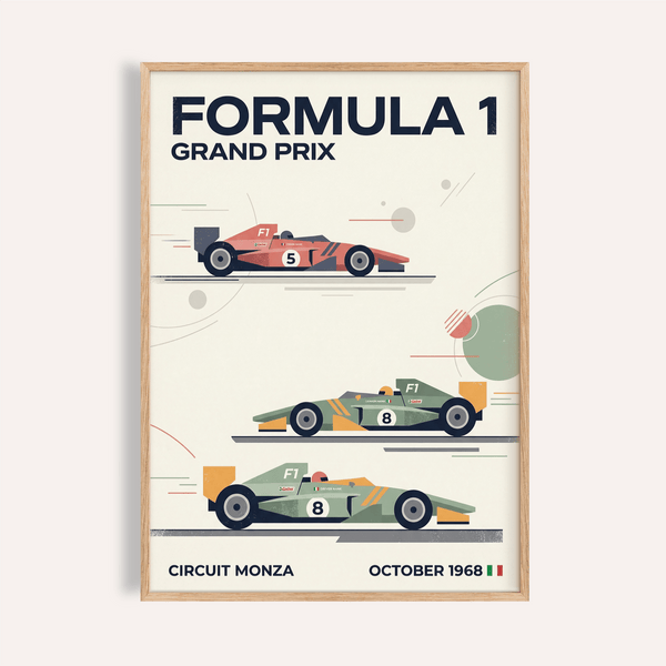 1968 Racing Poster hanging above desk with three classic Formula 1 cars