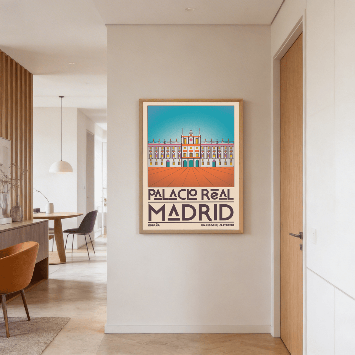 Illustrated Spanish Landmark Poster showing Palacio Real Madrid with arched entryways, window grid, and structured symmetry