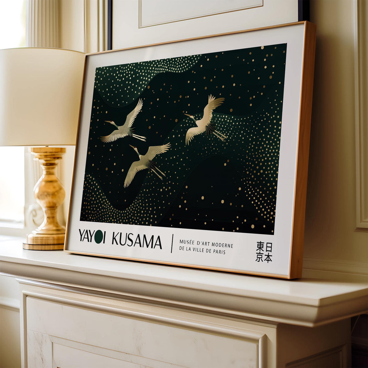 Unique Japanese art print featuring serene golden birds