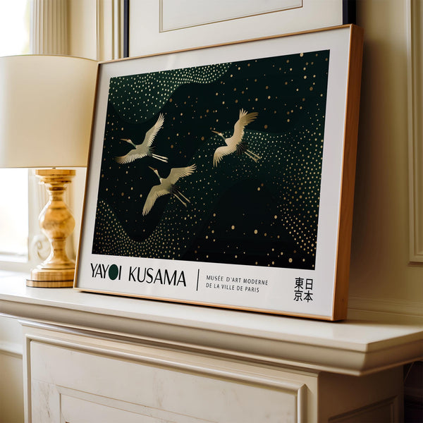 Unique Japanese art print featuring serene golden birds