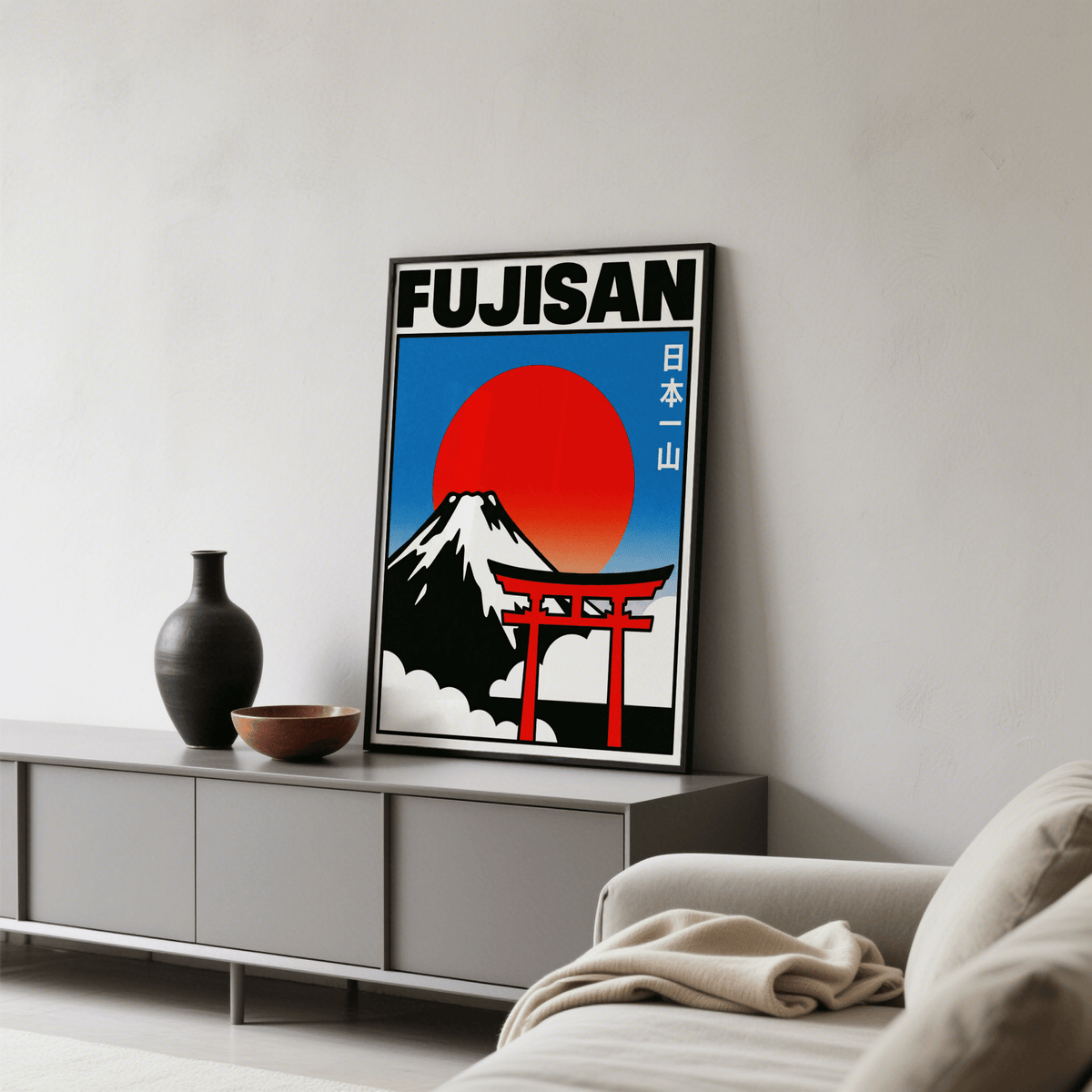 Fujisan Wall Art with Blue tones, Red Torii for entryway wall art