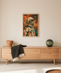 Retro Astronaut Poster with vibrant Green Beige for lounge area art print