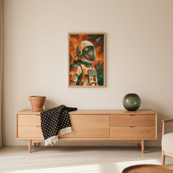 Retro Astronaut Poster with vibrant Green Beige for lounge area art print