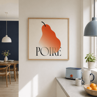 Graphic kitchen wall art print featuring a single pear form above bold serif word “POIRE”