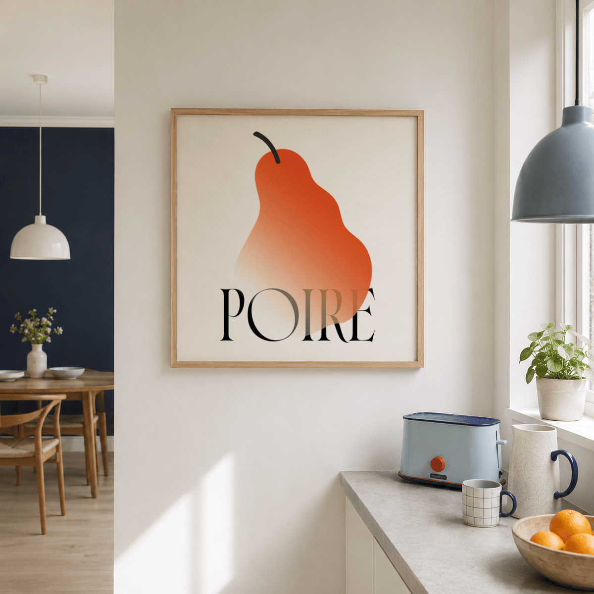 Graphic kitchen wall art print featuring a single pear form above bold serif word “POIRE”