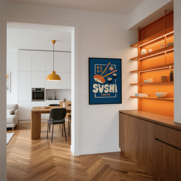 Fun Sushi Wall Art in Pink, White, and Orange for restaurant wall art