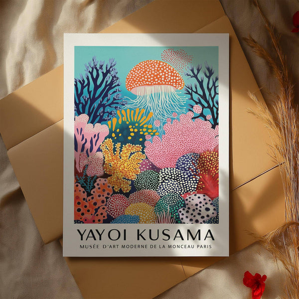 Playful colorful jellyfish wall art with layered coral and teal hues for bathrooms