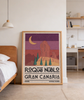 Captured travel landmark poster print of Roque Nublo monolith and crescent moon
