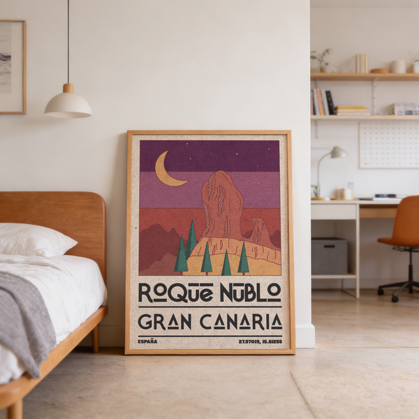 Captured travel landmark poster print of Roque Nublo monolith and crescent moon