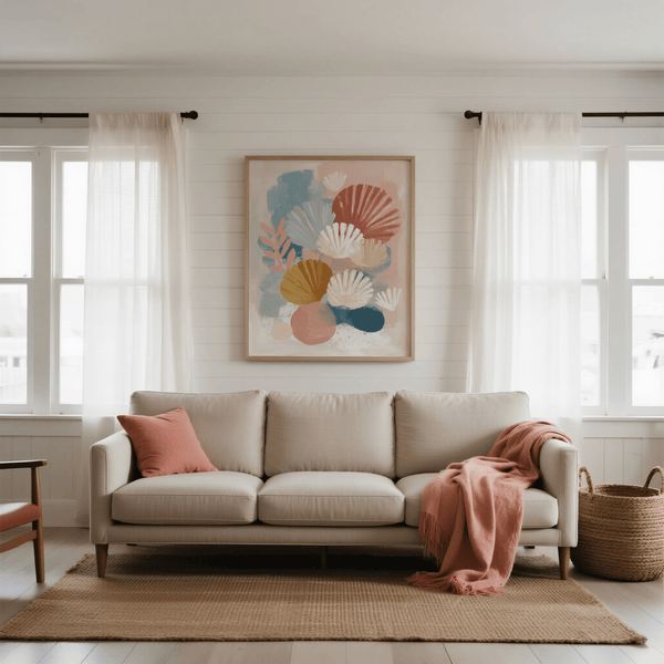 Blue pink Abstract Botanical Print poster for entryway wall art