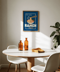 Graphic Ramen Poster, blue background, pink accents, dining space
