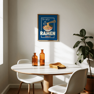 Graphic Ramen Poster, blue background, pink accents, dining space