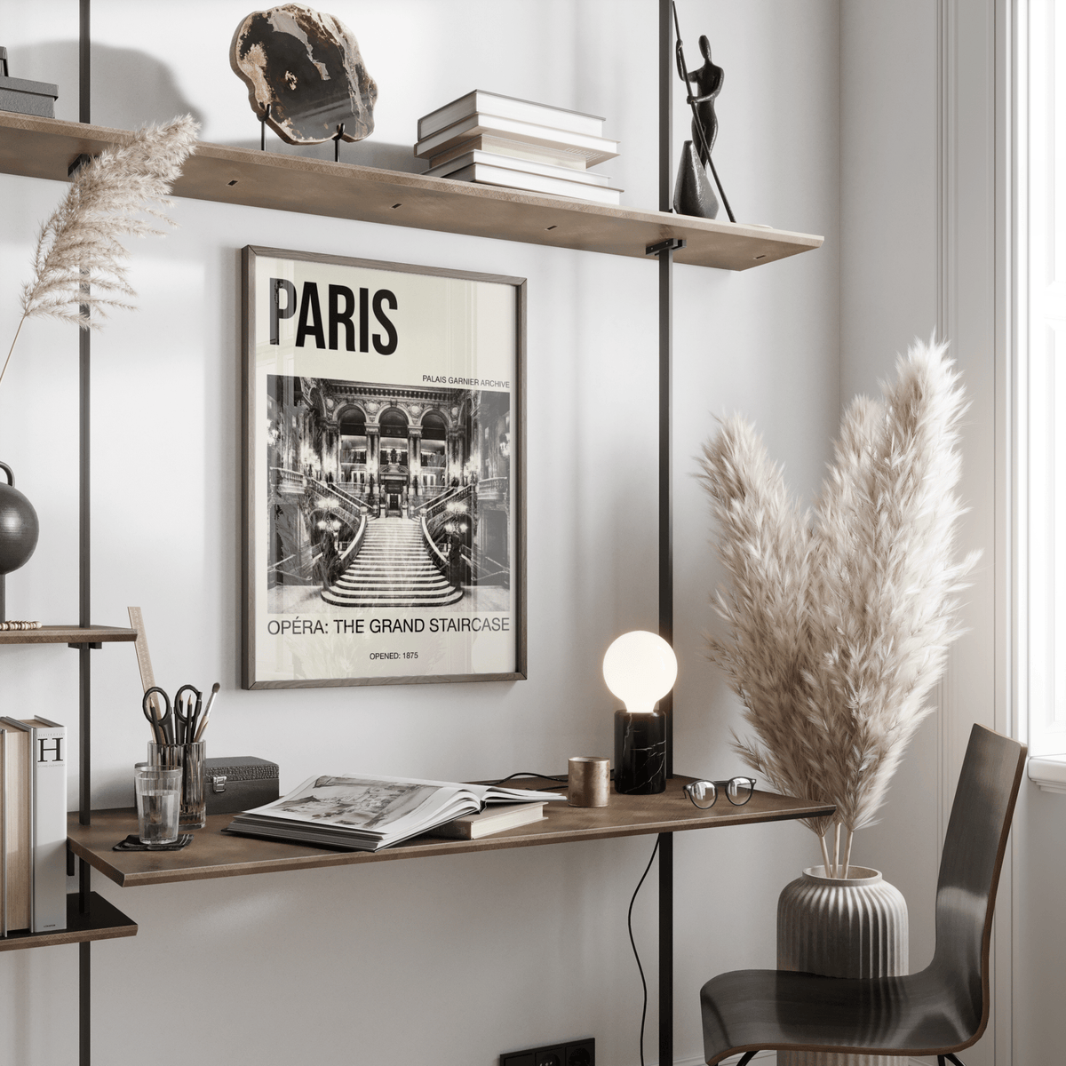 Black and white poster print featuring ornate opera house stairs and arched columns