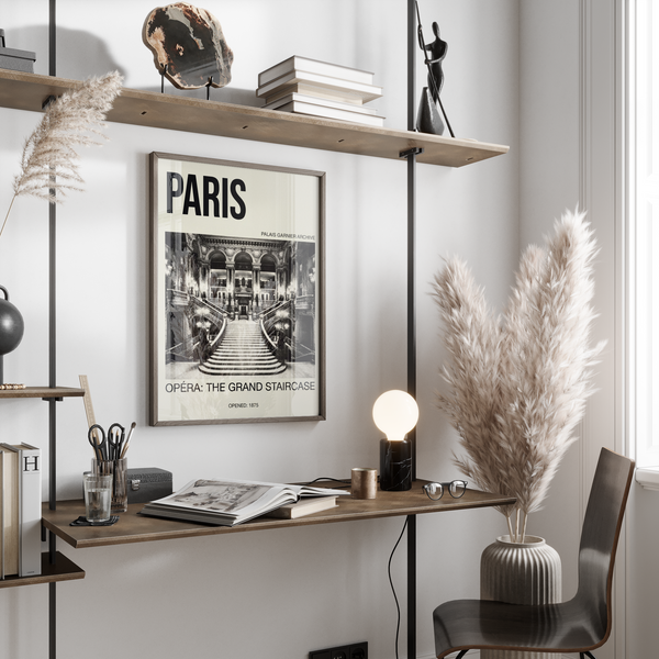 Black and white poster print featuring ornate opera house stairs and arched columns