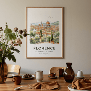 Panoramic city poster featuring river bridges under soft clouds