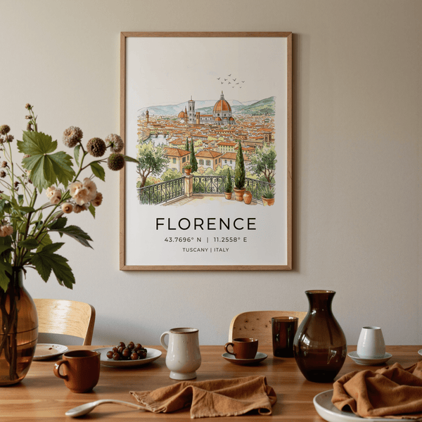 Panoramic city poster featuring river bridges under soft clouds