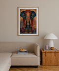 Front-facing elephant poster print with mosaic texture, ornamental patterns, and temple-like city backdrop