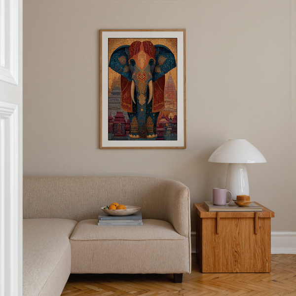 Front-facing elephant poster print with mosaic texture, ornamental patterns, and temple-like city backdrop
