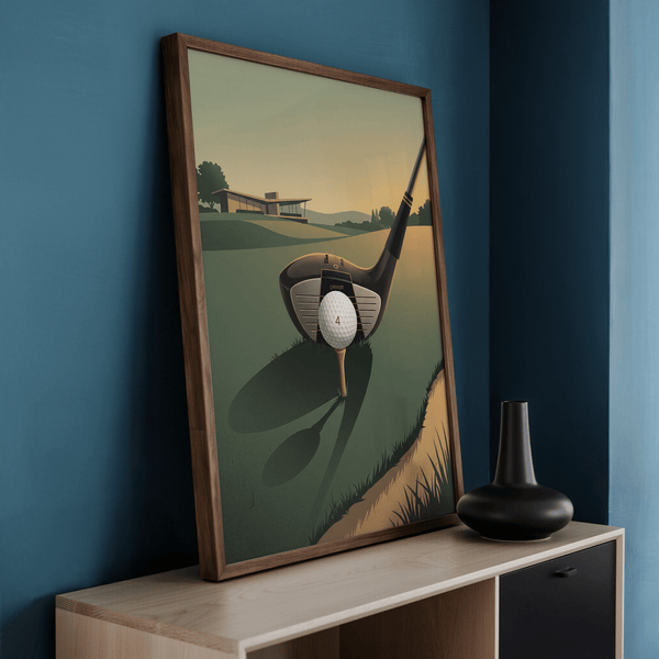 Graphic wall art print of golf ball on tee with driver face and long shadow on grass