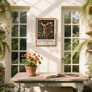 Woodland Forest Art Print in earthy tones with floral background.