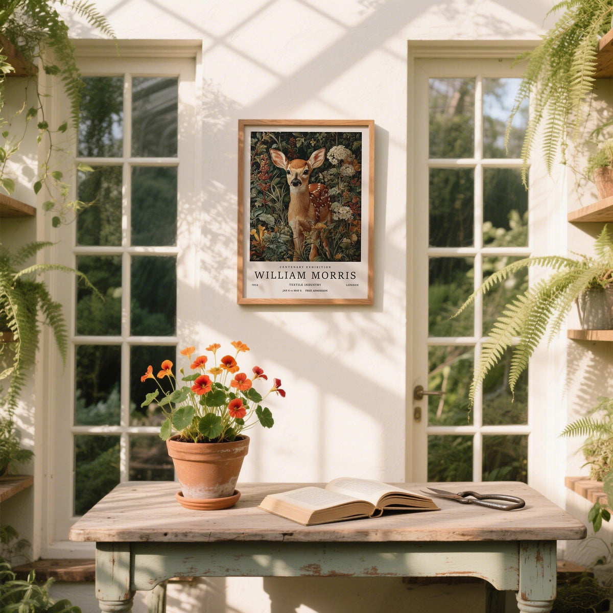 Woodland Forest Art Print in earthy tones with floral background.