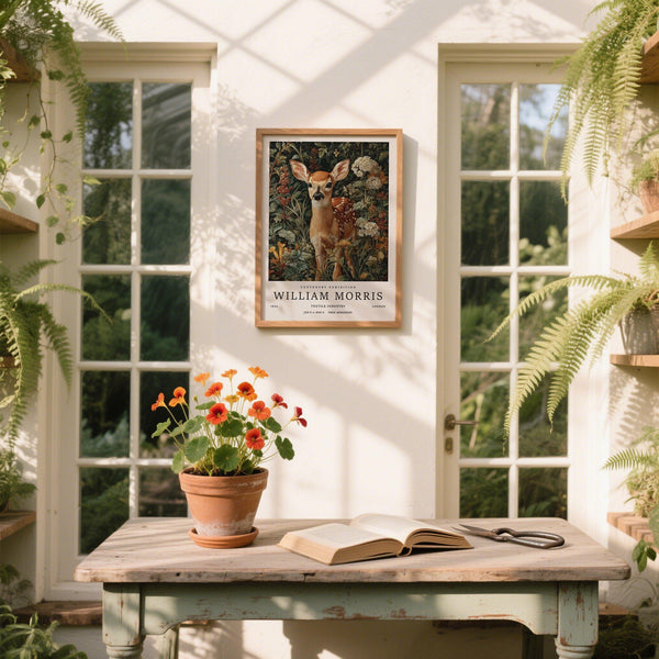 Woodland Forest Art Print in earthy tones with floral background.