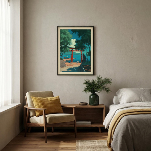 Hasui Kawase woodblock style print with central torii gate and layered foliage