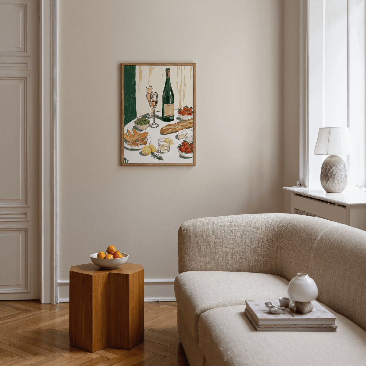 Food and Wine Art Print showing baguette and wine for dining room decor