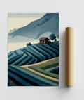 Rice Paddy Wall Art print featuring layered rice terraces and misty mountains