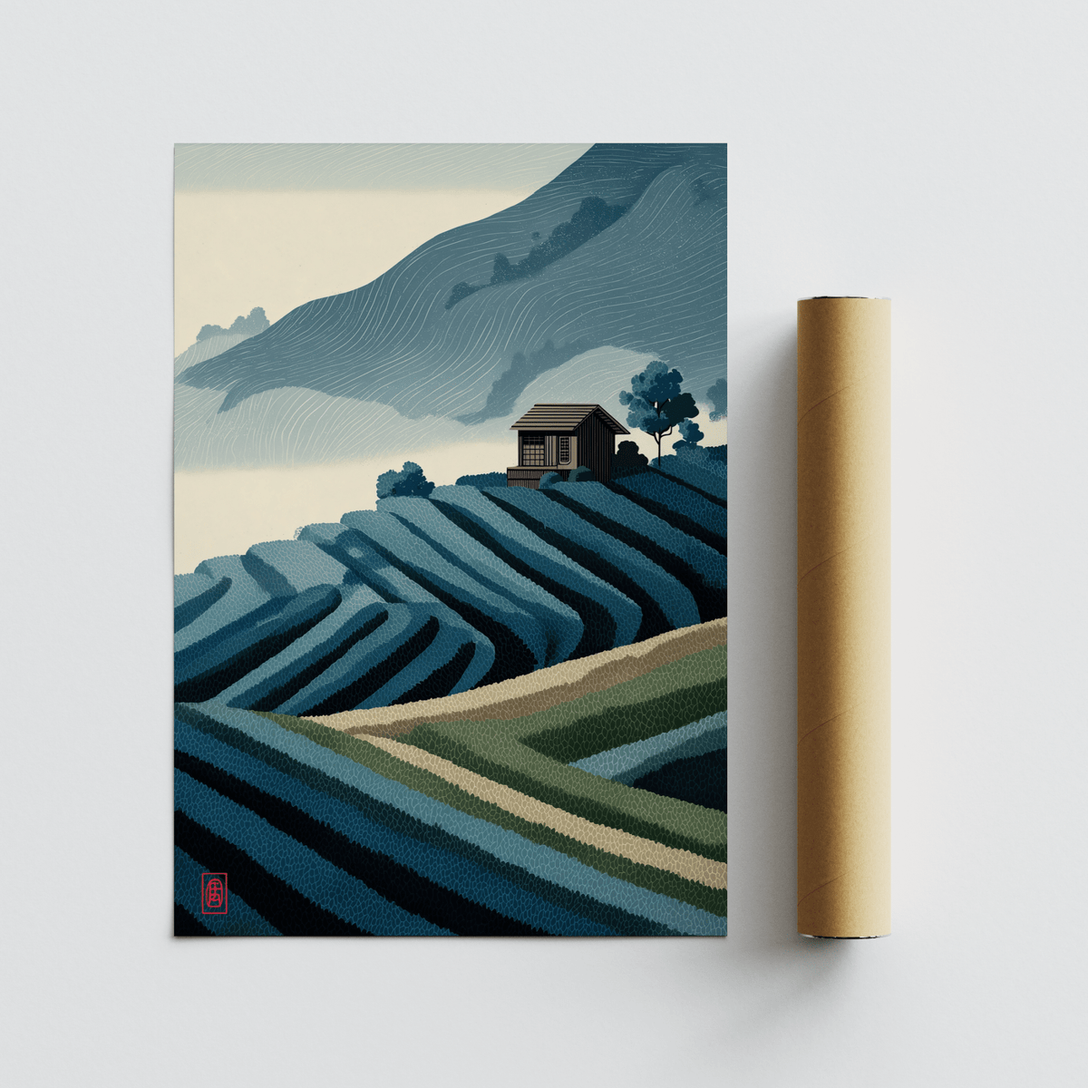Rice Paddy Wall Art print featuring layered rice terraces and misty mountains
